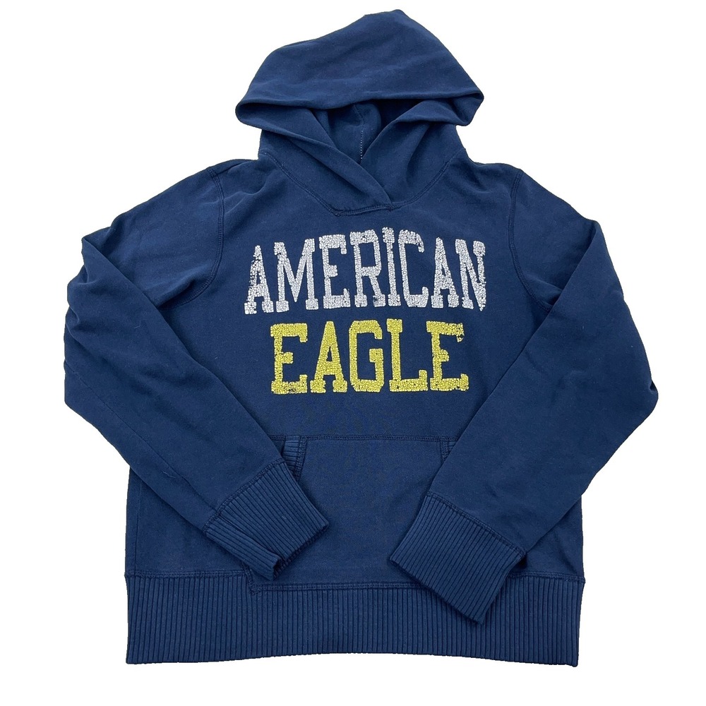 Vintage Y2K American Eagle Hoodie Women Large Blue Faded Worn Spell Out AEO 77